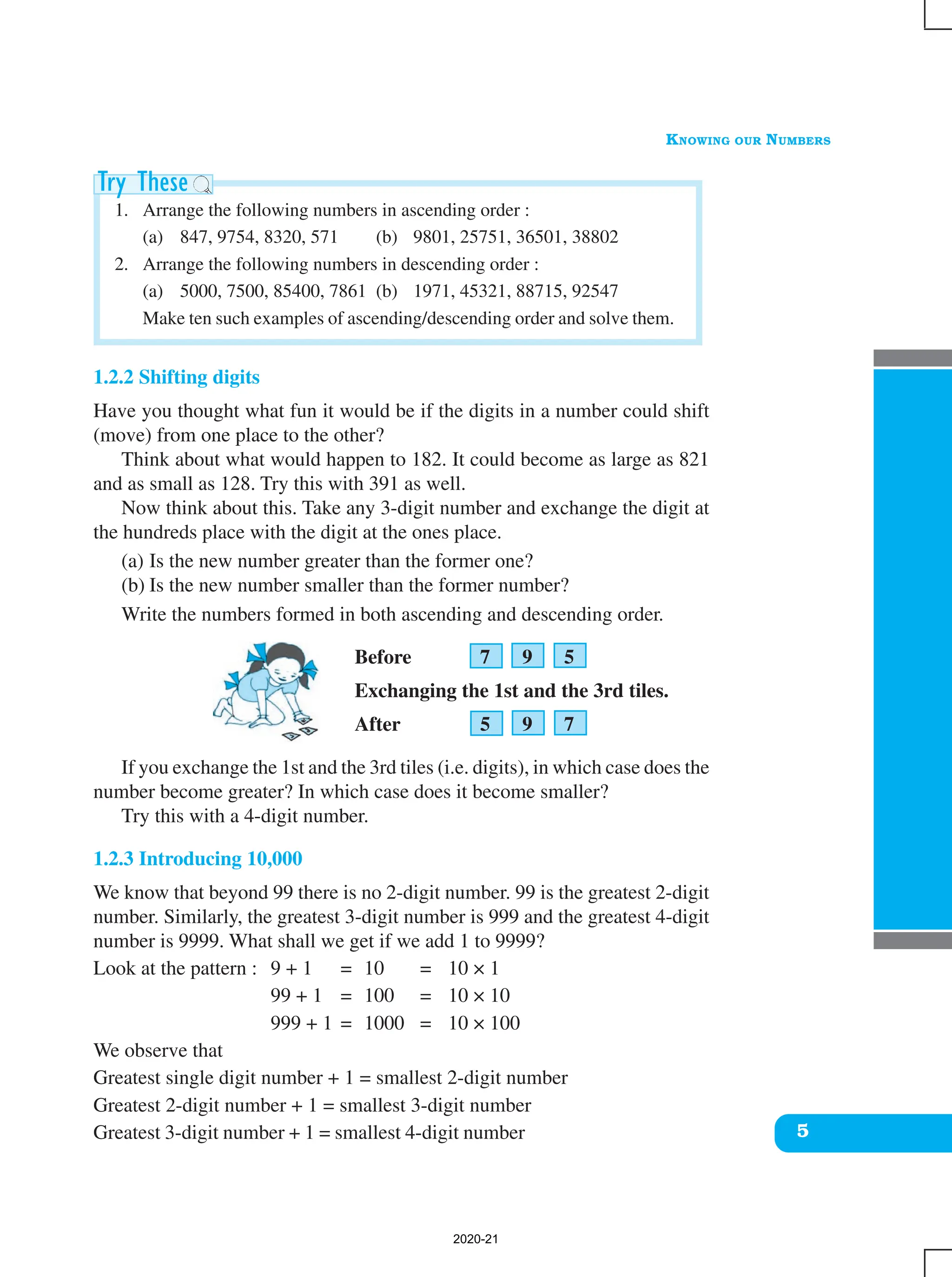 KNOWING OUR NUMBERS
5
1. Arrange the following numbers in ascending order :
(a) 847, 9754, 8320, 571 (b) 9801, 25751, 36501, 38802
2. Arrange the following numbers in descending order :
(a) 5000, 7500, 85400, 7861 (b) 1971, 45321, 88715, 92547
Make ten such examples of ascending/descending order and solve them.
1.2.2 Shifting digits
Have you thought what fun it would be if the digits in a number could shift
(move) from one place to the other?
Think about what would happen to 182. It could become as large as 821
and as small as 128. Try this with 391 as well.
Now think about this. Take any 3-digit number and exchange the digit at
the hundreds place with the digit at the ones place.
(a) Is the new number greater than the former one?
(b) Is the new number smaller than the former number?
Write the numbers formed in both ascending and descending order.
Before 7 9 5
Exchanging the 1st and the 3rd tiles.
After 5 9 7
If you exchange the 1st and the 3rd tiles (i.e. digits), in which case does the
number become greater? In which case does it become smaller?
Try this with a 4-digit number.
1.2.3 Introducing 10,000
We know that beyond 99 there is no 2-digit number. 99 is the greatest 2-digit
number. Similarly, the greatest 3-digit number is 999 and the greatest 4-digit
number is 9999. What shall we get if we add 1 to 9999?
Look at the pattern : 9 + 1 = 10 = 10 × 1
99 + 1 = 100 = 10 × 10
999 + 1 = 1000 = 10 × 100
We observe that
Greatest single digit number + 1 = smallest 2-digit number
Greatest 2-digit number + 1 = smallest 3-digit number
Greatest 3-digit number + 1 = smallest 4-digit number
2020-21
 