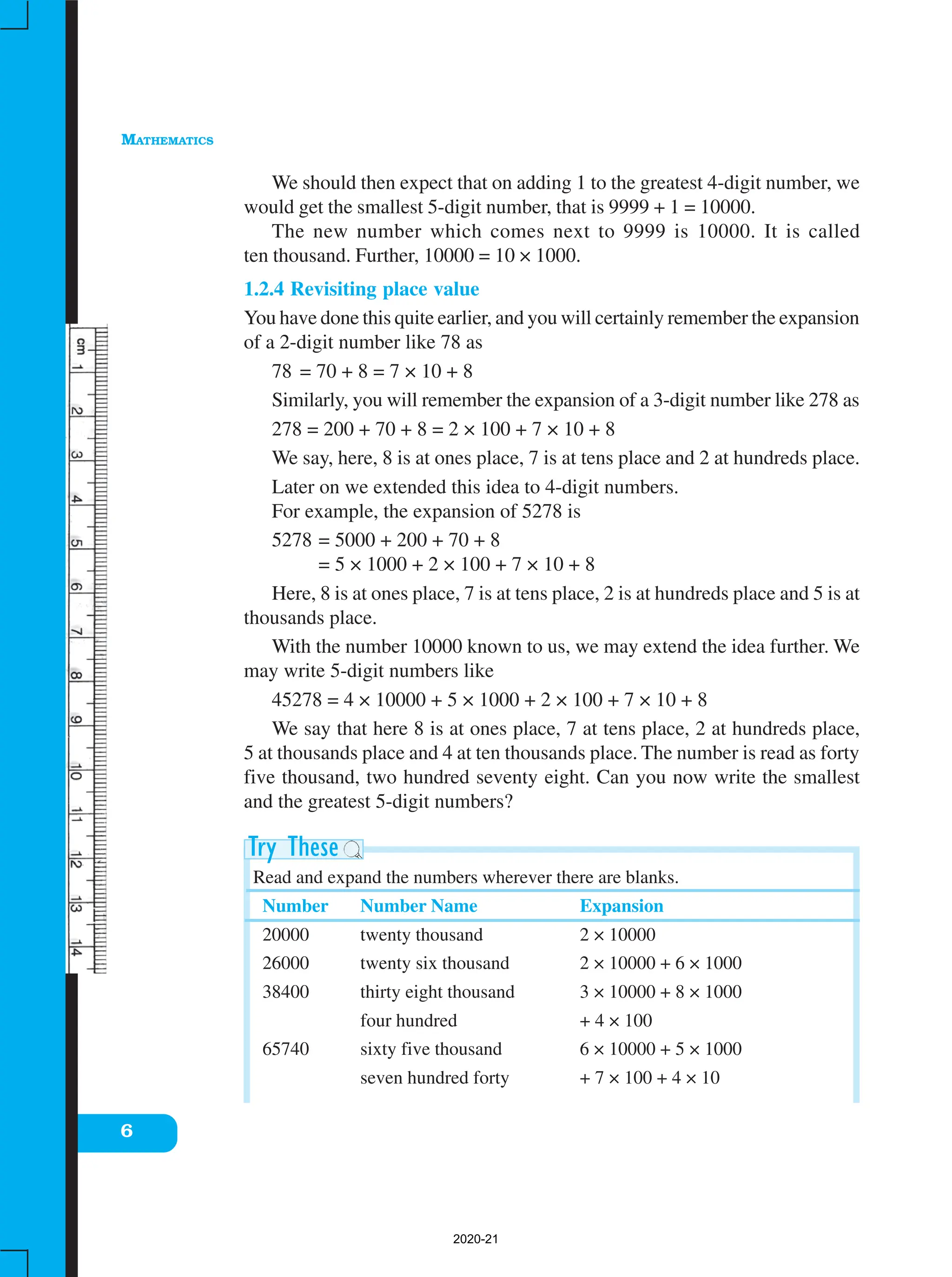 MATHEMATICS
6
We should then expect that on adding 1 to the greatest 4-digit number, we
would get the smallest 5-digit number, that is 9999 + 1 = 10000.
The new number which comes next to 9999 is 10000. It is called
ten thousand. Further, 10000 = 10 × 1000.
1.2.4 Revisiting place value
You have done this quite earlier, and you will certainly remember the expansion
of a 2-digit number like 78 as
78 = 70 + 8 = 7 × 10 + 8
Similarly, you will remember the expansion of a 3-digit number like 278 as
278 = 200 + 70 + 8 = 2 × 100 + 7 × 10 + 8
We say, here, 8 is at ones place, 7 is at tens place and 2 at hundreds place.
Later on we extended this idea to 4-digit numbers.
For example, the expansion of 5278 is
5278 = 5000 + 200 + 70 + 8
= 5 × 1000 + 2 × 100 + 7 × 10 + 8
Here, 8 is at ones place, 7 is at tens place, 2 is at hundreds place and 5 is at
thousands place.
With the number 10000 known to us, we may extend the idea further. We
may write 5-digit numbers like
45278 = 4 × 10000 + 5 × 1000 + 2 × 100 + 7 × 10 + 8
We say that here 8 is at ones place, 7 at tens place, 2 at hundreds place,
5 at thousands place and 4 at ten thousands place. The number is read as forty
five thousand, two hundred seventy eight. Can you now write the smallest
and the greatest 5-digit numbers?
Read and expand the numbers wherever there are blanks.
Number Number Name Expansion
20000 twenty thousand 2 × 10000
26000 twenty six thousand 2 × 10000 + 6 × 1000
38400 thirty eight thousand 3 × 10000 + 8 × 1000
four hundred + 4 × 100
65740 sixty five thousand 6 × 10000 + 5 × 1000
seven hundred forty + 7 × 100 + 4 × 10
2020-21
 