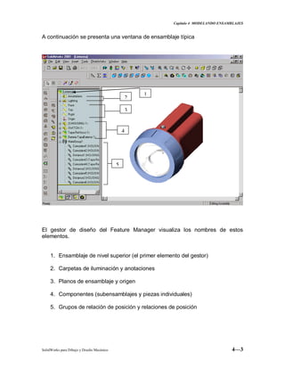 Capitulo 4 MODELANDO ENSAMBLAJES
SolidWorks para Dibujo y Diseño Mecánico 4—3
A continuación se presenta una ventana de ensamblaje típica
El gestor de diseño del Feature Manager visualiza los nombres de estos
elementos.
1. Ensamblaje de nivel superior (el primer elemento del gestor)
2. Carpetas de iluminación y anotaciones
3. Planos de ensamblaje y origen
4. Componentes (subensamblajes y piezas individuales)
5. Grupos de relación de posición y relaciones de posición
2
3
4
5
1
 