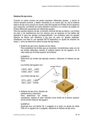 Capitulo 6 AJUSTES, TOLERANCIAS Y ACABADOS SUPERFICIALES
SolidWorks para Dibujo y Diseño Mecánico 6—6
Sistema De eje único.
Cuando un cierto número de partes requieren diferentes ajustes y tienen el
mismo tamaño nominal, y deben montarse en un mismo eje, se usa el sistema
básico de eje único porque es mucho más fácil ajustar los límites de los agujeros
que maquinar una flecha de cierto diámetro nominal a un número de juegos de
límites diferentes requeridos por diferentes ajustes.
Para los ajustes básicos de eje, el tamaño nominal del eje es básico. Los límites
de claro o de interferencia son los mismos que se aprecian en las tablas del
apéndice A para los ajustes correspondientes. Los símbolos para los ajustes
básicos de flecha son idénticos a los que se usan en ajustes estándar,
añadiendo una letra S. por ejemplo RC7S especifica un ajuste de rotación de
clase 7, como se determina sobre la base del eje básico.
Sistema de eje único: Ajustes en los claros.
Para establecer los limites que se necesitan, increméntese cada uno de
los limites obtenidos usando el sistema básico de los agujero, en el
valor dado por el limite superior de la flecha.
EJEMPLO:
Determine los límites del ejemplo anterior, utilizando el método de eje
único.
Los límites del agujero son:
0025.1
0045.1
0025.0000.1
0025.0020.1
Los límites del eje son:
9988.0
0000.1
0025.9963.
0025.9975.
Sistema de eje único: Ajustes de
interferencia y transición.
Para determinar los límites
necesarios, réstese el valor indicado como límite de la flecha superior
de los límites básicos del agujero.
EJEMPLO:
Suponga que una flecha de ½ pulgada va a tener un ajuste de clase
FN2 en un agujero de ½ pulgada, utilizando el método de eje único.
tamaño básico
 