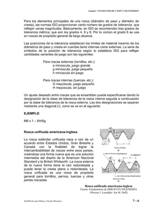 Capitulo 7 ELEMENTOS DE UNIÓN Y TRANSMISION
SolidWorks para Dibujo y Diseño Mecánico 7—6
Para los elementos principales de una rosca (diámetro de paso y diámetro de
cresta), las normas ISO proporcionan cierto número de grados de tolerancia que
reflejan varias magnitudes. Básicamente, en ISO se recomiendan tres grados de
tolerancia métrica, que son los grados 4, 6 y 8. Por lo común el grado 6 se usa
en roscas de propósito general de largo alcance.
Las posiciones de la tolerancia establecen los límites de material maximo de los
diámetros de paso y cresta en cuerdas tanto internas como externas. La serie de
símbolos de la posición de tolerancia según lo establece ISO para reflejar
cantidades variantes de juego son las siguientes:
Para roscas externas (tornillos, etc.):
e minúscula, juego grande
g minúscula, juego pequeño
h minúscula sin juego
Para roscas internas (tuercas, etc.):
G mayúscula, juego pequeño
H mayúscula, sin juego
Un ajuste deseado entre roscas que se ensamblan puede especificarse dando la
designación de la clase de tolerancia de la rosca interna seguida a continuación
por la clase de tolerancia de la rosca externa. Las dos designaciones se separan
mediante una diagonal (/), como se ve en el siguiente:
EJEMPLO
M6 x 1 – 6H/6g
Rosca unificada americana-inglesa
La rosca estándar unificada nace a raíz de un
acuerdo entre Estados Unidos, Gran Bretaña y
Canadá con la finalidad de lograr la
intercambiabilidad de roscas entre esos países,
creándose una forma nueva que es una solución
intermedia del diseño de la American Nacional
Standard y la British Whitworth. La rosca externa
de la nueva forma tiene la raíz redondeada y
puede tener la cresta plana o redondeada. La
rosca unificada es una rosca de propósito
general para tornillos, pernos, tuercas y otras
partes roscadas
Rosca unificada americana-inglesa
Fuente: Fundamentos de DIBUJO EN INGENIERÍA
(Warren J. Luzadder- Jon M. Duff)
 