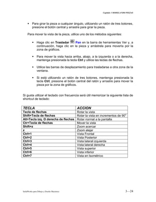 Capitulo 3 MODELANDO PIEZAS
SolidWorks para Dibujo y Diseño Mecánico 3—24
 Para girar la pieza a cualquier ángulo, utilizando un ratón de tres botones,
presione el botón central y arrastre para girar la pieza.
Para mover la vista de la pieza, utilice uno de los métodos siguientes:
 Haga clic en Trasladar Pan en la barra de herramientas Ver y, a
continuación, haga clic en la pieza y arrástrela para moverla por la
zona de gráficos.
 Para mover la vista hacia arriba, abajo, a la izquierda o a la derecha,
mantenga presionada la tecla Ctrl y utilice las teclas de flechas.
 Utilice las barras de desplazamiento para trasladarse a otra zona de la
ventana.
 Si está utilizando un ratón de tres botones, mantenga presionada la
tecla Ctrl, presione el botón central del ratón y arrastre para mover la
pieza por la zona de gráficos.
Si gusta utilizar el teclado con frecuencia será útil memorizar la siguiente lista de
shortcut de teclado:
TECLA ACCION
Tecla de flechas Rotar la vista
Shift+Tecla de flechas Rotar la vista en incrementos de 90o
Alt+Tecla izq. O derecha de flechas Rotar normal a la pantalla
Ctr+Tecla de flechas Mover la vista
Shift+z Zoom acercar
z Zoom alejar
Ctrl+1 Vista Frontal
Ctrl+2 Vista Posterior
Ctrl+3 Vista lateral izquierda
Ctrl+4 Vista lateral derecha
Ctrl+5 Vista superior
Ctrl+6 Vista inferior
Ctrl+7 Vista en Isométrico
 