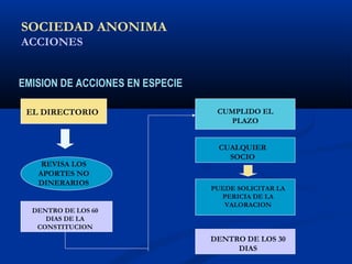 SOCIEDAD ANONIMA
ACCIONES
EMISION DE ACCIONES EN ESPECIE
EL DIRECTORIO
REVISA LOS
APORTES NO
DINERARIOS
DENTRO DE LOS 60
DIAS DE LA
CONSTITUCION
CUMPLIDO EL
PLAZO
CUALQUIER
SOCIO
PUEDE SOLICITAR LA
PERICIA DE LA
VALORACION
DENTRO DE LOS 30
DIAS
 