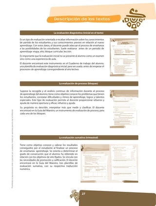 Descripción de los textos


                                                                                                                                      La evaluación diagnóstica (inicial en el texto)

                                                                                                     Es un tipo de evaluación orientada a recabar información sobre los conocimientos
                                                                                                     de partida de los estudiantes y sus conocimientos previos en relación al nuevo
                                                                                                     aprendizaje. Con estos datos, el docente puede adecuar el proceso de enseñanza
                                                                                                     a las posibilidades de los estudiantes. Suele realizarse antes de un período de
                                                                                                     aprendizaje: etapa, año, bloque curricular, lección.
                                                                                                     Es importante que la evaluación inicial no se presente al alumno como un examen
                                                                                                     sino como una experiencia de aula.
                                                                                                     El docente encontrará este instrumento en el Cuaderno de trabajo del alumno,
                                                                                                     una plantilla de evaluación diagnóstica inicial, para ser usada, antes de empezar el
                                                                                                     procesovv de aprendizaje correspondiente al año lectivo.




                                                                                                                                            La evaluación de proceso (bloques)


                                                                                                     Supone la recogida y el análisis continuo de información durante el proceso
                                                                                                     de aprendizaje del alumno; tiene como objetivo conocer los problemas que tienen
                                                                                                     los estudiantes, constatar dificultades y ritmos de aprendizaje, logros y talentos
                                                                                                     especiales. Este tipo de evaluación permite al docente proporcionar refuerzo y
                                                                                                     ayuda de manera oportuna y eficaz, refuerzo y ayuda.
                                                                                                     Su propósito es describir, interpretar más que medir y clasificar. El docente
Prohibida la reproducción total o parcial por cualquier medio sin permiso escrito de la Editorial.




                                                                                                     encontrará en la Guía del Maestro, un instrumento de evaluación de proceso, para
                                                                                                     cada uno de los bloques.




                                                                                                                                            La evaluación sumativa (trimestral)

                                                                                                     Tiene como objetivo conocer y valorar los resultados
                                                                                                     conseguidos por el estudiante al finalizar un proceso
                                                                                                     de enseñanza- aprendizaje. Se orienta a determinar el

                                                                                                     relación con los objetivos de año fijados. Se vincula con
                                                                                                     las necesidades de promoción y calificación. El docente
                                                                                                     encontrará en la Guía del Maestro, tres plantillas de
                                                                                                     evaluación sumativa, con su respectiva traducción
                                                                                                     numérica.




                                                                                                                                                                  27
 