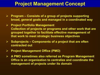  Program – Consists of a group of projects supporting
broad, general goals and managed in a coordinated way
 Project Portfolio Management
Collection of projects or programs and other work that are
grouped together to facilitate effective management of
that work to meet strategic business objectives
 Subprojects – Components of a project that are often
contracted out
 Project Management Office (PMO)
 A PMO sometimes also referred as Program Management
Office is an organization to centralize and coordinate the
management of projects under its domain
Project Management Concept
 
