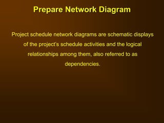 Prepare Network Diagram
Project schedule network diagrams are schematic displays
of the project’s schedule activities and the logical
relationships among them, also referred to as
dependencies.
 