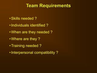 Team Requirements
•Skills needed ?
•Individuals identified ?
•When are they needed ?
•Where are they ?
•Training needed ?
•Interpersonal compatibility ?
 