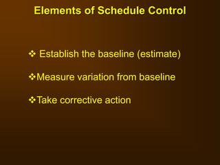 Elements of Schedule Control
 Establish the baseline (estimate)
Measure variation from baseline
Take corrective action
 