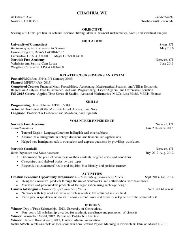 chaohua wu resume 2016 actuarial full time actuarial resumes