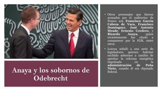 Anaya y los sobornos de
Odebrecht
• Otros personajes que fueron
acusados por el exdirector de
Pemex son Francisco García
Cabeza de Vaca, Francisco
Domínguez, José Antonio
Meade, Ernesto Cordero, y
Ricardo Anaya, quien
recientemente fue citado a
comparecer por la FGR, entre
otros.
• Lozoya señaló a una serie de
legisladores quienes habrían
recibido sobornos a cambio de
aprobar la reforma energética
impulsada en la
administración de Peña
Nieto, cuando él era diputado
federal.
 