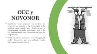 OEC y
NOVONOR
• Odebrecht supo manejar un modelo de
negocios en cuanto a la tecnología y la
política empresarial, con funcionarios y
trabajadores, creando servilismo, pero a la
vez estableciendo una identificación con la
corporación.
• Había creado sin duda, una nueva imagen; el
poder discursivo, que era utilizado tanto
interiormente como fuera.
 