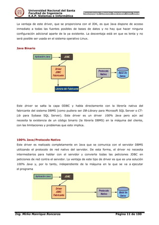 Universidad Nacional del Santa
Facultad de Ingeniería Tecnología Cliente–Servidor con Java
E.A.P. Sistemas e Informática
La ventaja de este driver, que se proporciona con el JDK, es que Java dispone de acceso
inmediato a todas las fuentes posibles de bases de datos y no hay que hacer ninguna
configuración adicional aparte de la ya existente. La desventaja está en que es lenta y no
será posible ser usada en el sistema operativo Linux.
Java Binario
Este driver se salta la capa ODBC y habla directamente con la librería nativa del
fabricante del sistema DBMS (como pudiera ser DB-Library para Microsoft SQL Server o CT-
Lib para Sybase SQL Server). Este driver es un driver 100% Java pero aún así
necesita la existencia de un código binario (la librería DBMS) en la máquina del cliente,
con las limitaciones y problemas que esto implica.
100% Java/Protocolo Nativo
Este driver es realizado completamente en Java que se comunica con el servidor DBMS
utilizando el protocolo de red nativo del servidor. De esta forma, el driver no necesita
intermediarios para hablar con el servidor y convierte todas las peticiones JDBC en
peticiones de red contra el servidor. La ventaja de este tipo de driver es que es una solución
100% Java y, por lo tanto, independiente de la máquina en la que se va a ejecutar
el programa
Ing. Mirko Manrique Ronceros Página 11 de 100
 