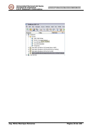 Universidad Nacional del Santa
Facultad de Ingeniería Tecnología Cliente–Servidor con Java
E.A.P. Sistemas e Informática
Ing. Mirko Manrique Ronceros Página 25 de 100
 