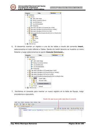 Universidad Nacional del Santa
Facultad de Ingeniería Tecnología Cliente–Servidor con Java
E.A.P. Sistemas e Informática
6. Si deseamos insertar un registro a una de las tablas a través del comando insert,
seleccionamos el nodo referido a Tables. Dando clic botón derecho se muestra un menú
flotante y luego seleccionamos la opción Execute Command...
7. Escribimos el comando para insertar un nuevo registro en la tabla de Equipo, luego
procedemos a ejecutarlo.
Ing. Mirko Manrique Ronceros Página 28 de 100
 