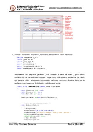 Universidad Nacional del Santa
Facultad de Ingeniería Tecnología Cliente–Servidor con Java
E.A.P. Sistemas e Informática
5. Vamos a proceder a programar, colocando las siguientes líneas de código.
Importamos los paquetes java.sql (para acceder a base de datos), javax.swing
(para el uso de los controles visuales), javax.swing.table para el manejo de las clases
del paquete table y el paquete campeonato_uefa que contiene a la clase Main con lo
cual podremos hacer uso de todos los métodos que tenga.
Ing. Mirko Manrique Ronceros Página 42 de 100
 
