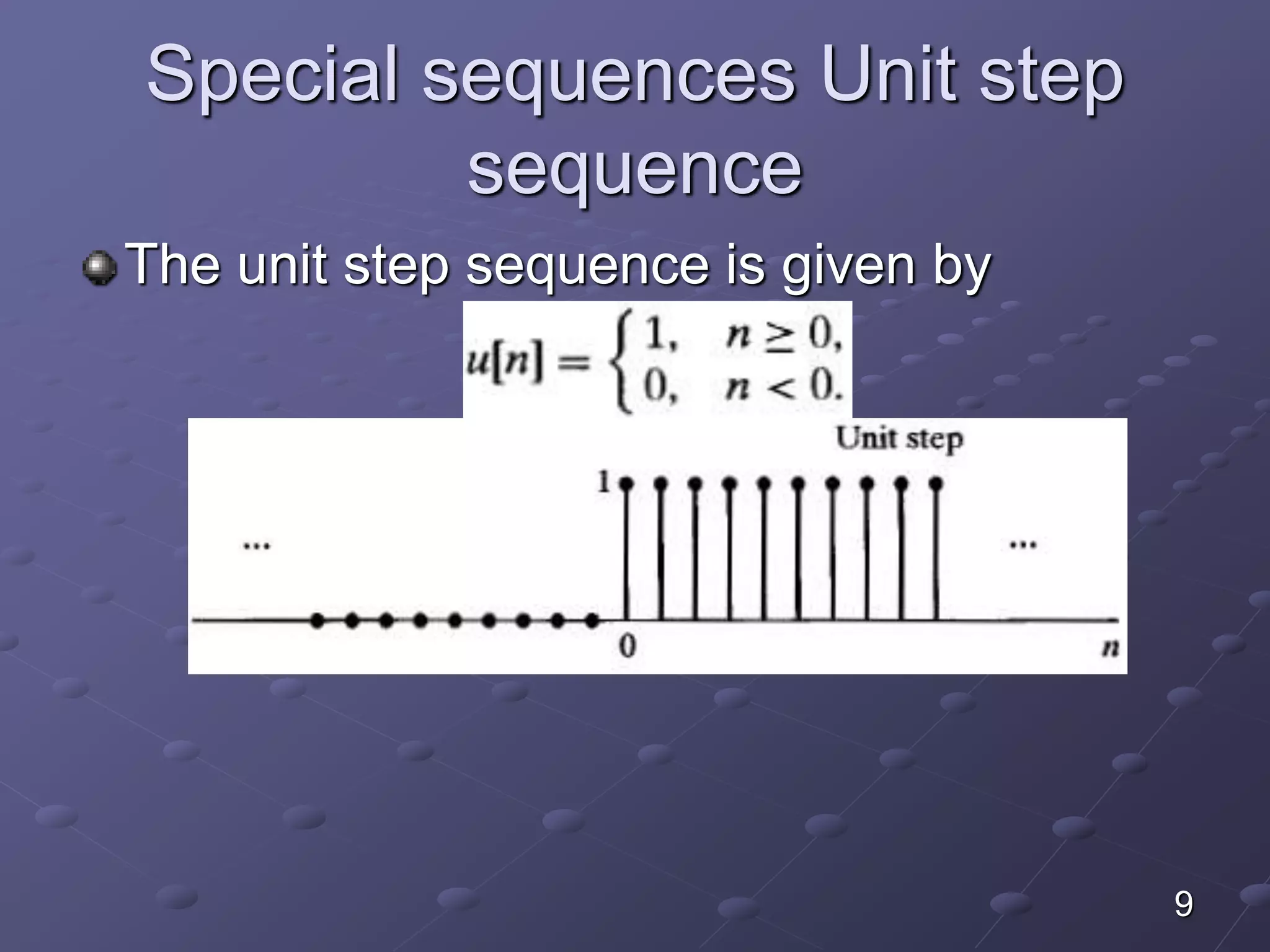 Special sequences Unit step
sequence
The unit step sequence is given by
9
 