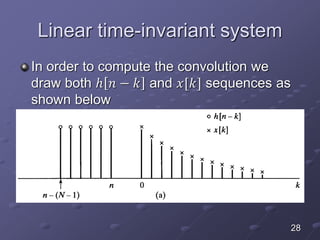 Linear time-invariant system
In order to compute the convolution we
draw both ℎ 𝑛 − 𝑘 and 𝑥[𝑘] sequences as
shown below
28
 
