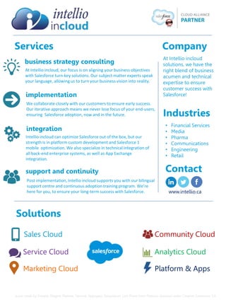 Services
business strategy consulting
implementation
integration
support and continuity
Solutions
Sales Cloud
Service Cloud
Marketing Cloud
Community Cloud
Analytics Cloud
Platform & Apps
Contact
Company
Industries
At Intellio incloud
solutions, we have the
right blend of business
acumen and technical
expertise to ensure
customer success with
Salesforce!
• Financial Services
• Media
• Pharma
• Communications
• Engineering
• Retail
At Intellio incloud, our focus is on aligning your business objectives
with Salesforce turn-key solutions. Our subject matter experts speak
your language, allowing us to turn your business vision into reality.
We collaborate closely with our customers to ensure early success.
Our iterative approach means we never lose focus of your end-users,
ensuring Salesforce adoption, now and in the future.
Intellio incloud can optimize Salesforce out of the box, but our
strength is in platform custom development and Salesforce 1
mobile optimization. We also specialize in technical integration of
all back-end enterprise systems, as well as App Exchange
integration.
Post implementation, Intellio incloud supports you with our bilingual
support centre and continuous adoption training program. We’re
here for you, to ensure your long-term success with Salesforce. www.intellio.ca
Icons made by Freepik, Elegant Themes, Yannick, Appzgear, SimpleIcon, Linh Pham from Flaticon, licensed under Creative Commons 3.0
 
