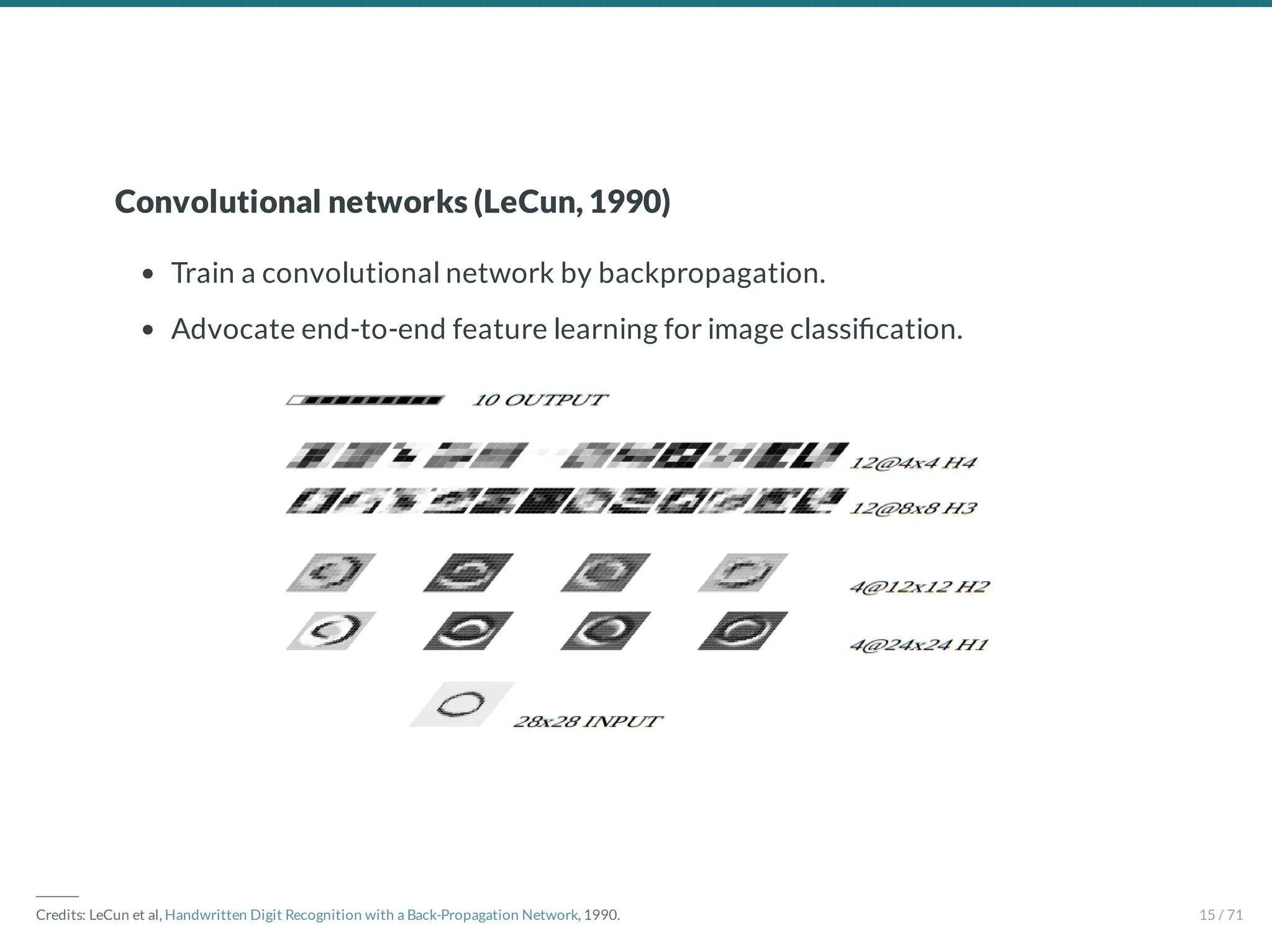 Convolutional networks (LeCun, 1990)
Train a convolutional network by backpropagation.
Advocate end-to-end feature learning for image classi cation.
―――
Credits: LeCun et al, Handwritten Digit Recognition with a Back-Propagation Network, 1990. 15 / 71
 