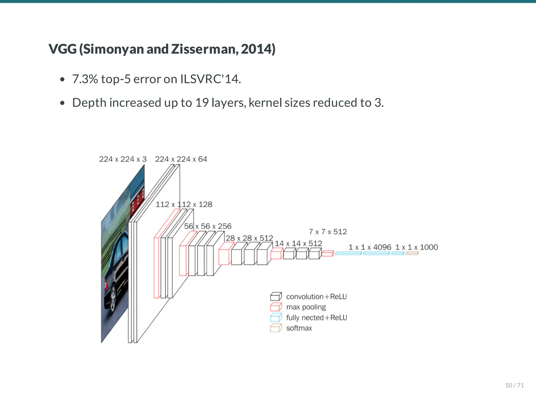 VGG (Simonyan and Zisserman, 2014)
7.3% top-5 error on ILSVRC'14.
Depth increased up to 19 layers, kernel sizes reduced to 3.
50 / 71
 