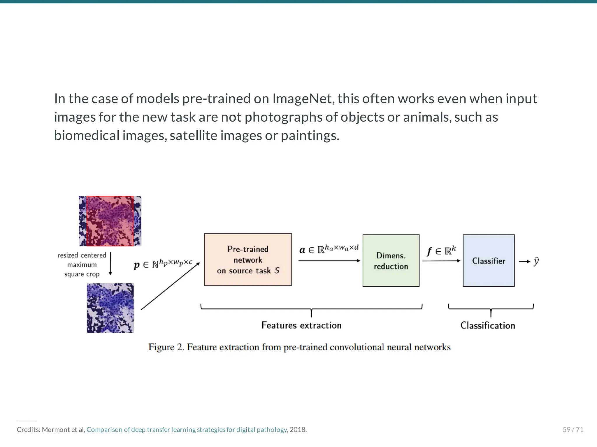 In the case of models pre-trained on ImageNet, this often works even when input
images for the new task are not photographs of objects or animals, such as
biomedical images, satellite images or paintings.
―――
Credits: Mormont et al, Comparison of deep transfer learning strategies for digital pathology, 2018. 59 / 71
 