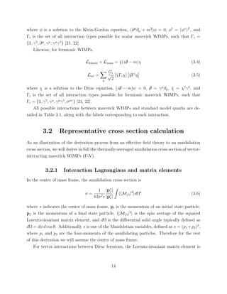 where φ is a solution to the Klein-Gordon equation, (∂µ
∂µ + m2
)φ = 0, φ†
= (φ∗
)T
, and
Γi is the set of all interaction types possible for scalar maverick WIMPs, such that Γi =
{1, γ5
, ∂µ
, γµ
, γµ
γ5
} [21, 22].
Likewise, for fermionic WIMPs,
Lkinetic + Lmass = ¯χ(i/∂ − m)χ (3.4)
Lint =
q
Gi
√
2
[¯χΓiχ] ¯qΓj
q (3.5)
where χ is a solution to the Dirac equation, (i/∂ − m)ψ = 0, /∂ = γµ
∂µ, ¯χ = χ†
γ0
, and
Γi is the set of all interaction types possible for fermionic maverick WIMPs, such that
Γi = {1, γ5
, γµ
, γµ
γ5
, σµν
} [21, 22].
All possible interactions between maverick WIMPs and standard model quarks are de-
tailed in Table 3.1, along with the labels corresponding to each interaction.
3.2 Representative cross section calculation
As an illustration of the derivation process from an eﬀective ﬁeld theory to an annihilation
cross section, we will derive in full the thermally-averaged annihilation cross section of vector-
interacting maverick WIMPs (F-V).
3.2.1 Interaction Lagrangians and matrix elements
In the center of mass frame, the annihilation cross section is
σ =
1
64π2s
|p∗
f |
|p∗
i |
|Mfi|2
dΩ∗
(3.6)
where ∗ indicates the center of mass frame, pi is the momentum of an initial state particle,
pf is the momentum of a ﬁnal state particle, |Mfi|2
is the spin average of the squared
Lorentz-invariant matrix element, and dΩ is the diﬀerential solid angle typically deﬁned as
dΩ = dφ d cos θ. Additionally s is one of the Mandelstam variables, deﬁned as s = (p1 +p2)2
,
where p1 and p2 are the four-momenta of the annihilating particles. Therefore for the rest
of this derivation we will assume the center of mass frame.
For vector interactions between Dirac fermions, the Lorentz-invariant matrix element is
14
 