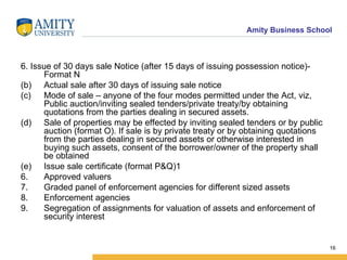 6. Issue of 30 days sale Notice (after 15 days of issuing possession notice)- Format N Actual sale after 30 days of issuing sale notice Mode of sale – anyone of the four modes permitted under the Act, viz, Public auction/inviting sealed tenders/private treaty/by obtaining quotations from the parties dealing in secured assets. Sale of properties may be effected by inviting sealed tenders or by public auction (format O). If sale is by private treaty or by obtaining quotations from the parties dealing in secured assets or otherwise interested in buying such assets, consent of the borrower/owner of the property shall be obtained Issue sale certificate (format P&Q)1 Approved valuers Graded panel of enforcement agencies for different sized assets Enforcement agencies Segregation of assignments for valuation of assets and enforcement of security interest 