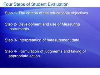 Four Steps of Student Evaluation
Step 1- The criteria of the educational objectives.
Step 2- Development and use of Measuring
Instruments.
Step 3- Interpretation of measurement date.
Step 4- Formulation of judgments and taking of
appropriate action.
 