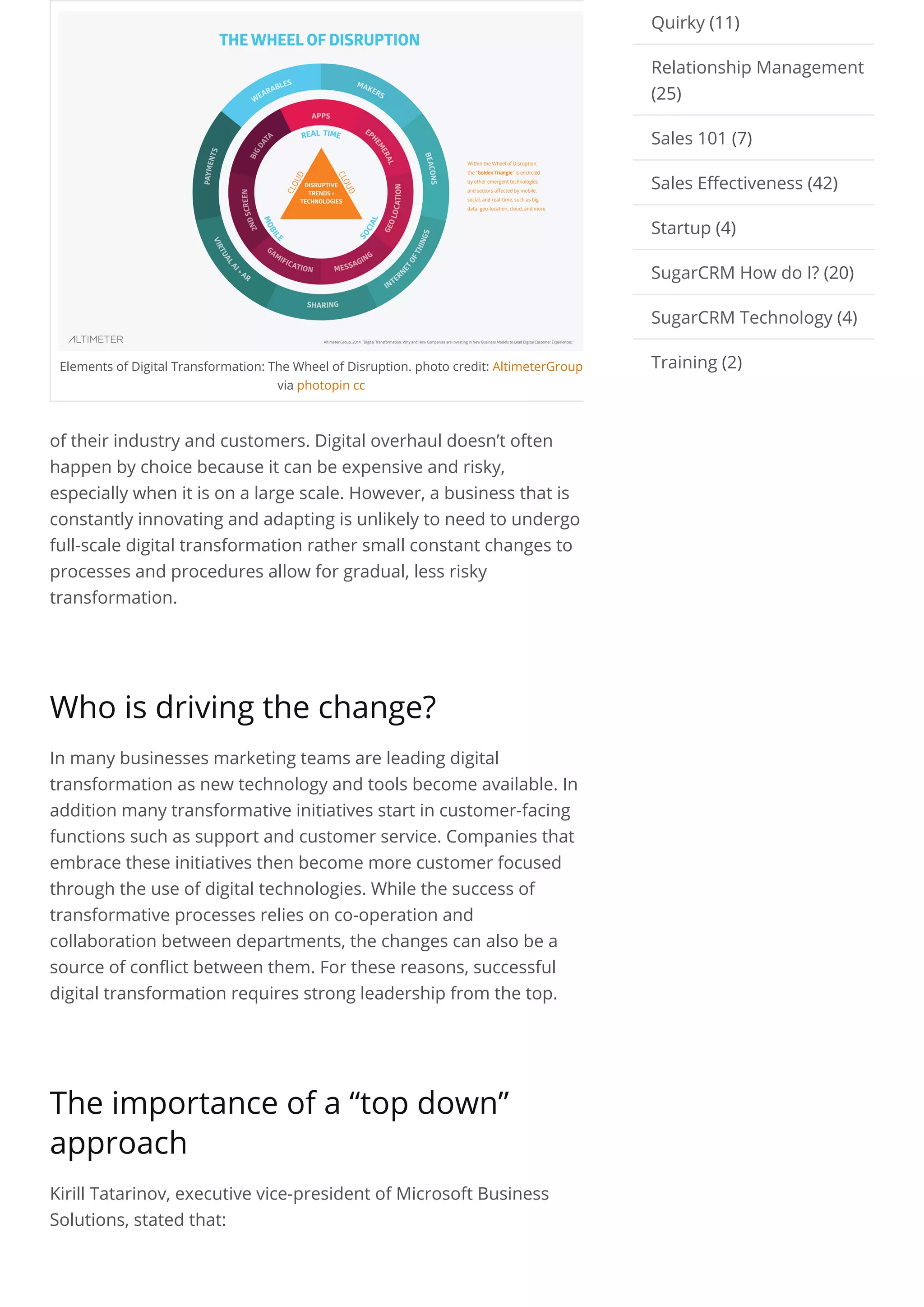 Elements of Digital Transformation: The Wheel of Disruption. photo credit: AltimeterGroup
via photopin cc
of their industry and customers. Digital overhaul doesn’t often
happen by choice because it can be expensive and risky,
especially when it is on a large scale. However, a business that is
constantly innovating and adapting is unlikely to need to undergo
full-scale digital transformation rather small constant changes to
processes and procedures allow for gradual, less risky
transformation.
 
Who is driving the change?
In many businesses marketing teams are leading digital
transformation as new technology and tools become available. In
addition many transformative initiatives start in customer-facing
functions such as support and customer service. Companies that
embrace these initiatives then become more customer focused
through the use of digital technologies. While the success of
transformative processes relies on co-operation and
collaboration between departments, the changes can also be a
source of conflict between them. For these reasons, successful
digital transformation requires strong leadership from the top.
 
The importance of a “top down”
approach
Kirill Tatarinov, executive vice-president of Microsoft Business
Solutions, stated that:
Quirky (11)
Relationship Management
(25)
Sales 101 (7)
Sales Effectiveness (42)
Startup (4)
SugarCRM How do I? (20)
SugarCRM Technology (4)
Training (2)
 