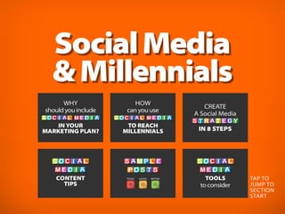 WHY
should you include
IN YOUR
MARKETING PLAN?
CONTENT
TIPS
HOW
can you use
TO REACH
MILLENNIALS
POOR GOOD BETTER
CREATE
A Social Media
IN 8 STEPS
TOOLS
to consider
TAP TO
JUMP TO
SECTION
START
SocialMedia
&Millennials
 