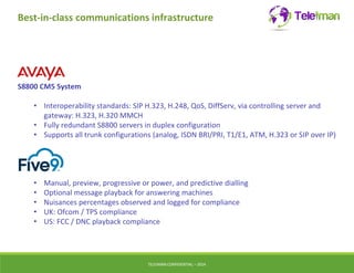 Best-in-class communications infrastructure 
S8800 CM5 System 
• Interoperability standards: SIP H.323, H.248, QoS, DiffServ, via controlling server and 
gateway: H.323, H.320 MMCH 
• Fully redundant S8800 servers in duplex configuration 
• Supports all trunk configurations (analog, ISDN BRI/PRI, T1/E1, ATM, H.323 or SIP over IP) 
• Manual, preview, progressive or power, and predictive dialling 
• Optional message playback for answering machines 
• Nuisances percentages observed and logged for compliance 
• UK: Ofcom / TPS compliance 
• US: FCC / DNC playback compliance 
TELEIMANCONFIDENTIAL – 2014 
 