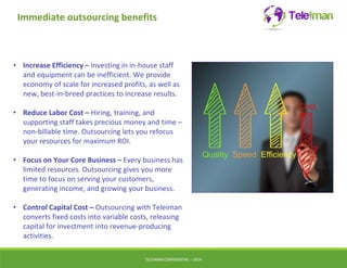 Immediate outsourcing benefits 
• Increase Efficiency – Investing in in-house staff 
and equipment can be inefficient. We provide 
economy of scale for increased profits, as well as 
new, best-in-breed practices to increase results. 
• Reduce Labor Cost – Hiring, training, and 
supporting staff takes precious money and time – 
non-billable time. Outsourcing lets you refocus 
your resources for maximum ROI. 
• Focus on Your Core Business – Every business has 
limited resources. Outsourcing gives you more 
time to focus on serving your customers, 
generating income, and growing your business. 
• Control Capital Cost – Outsourcing with Teleiman 
converts fixed costs into variable costs, releasing 
capital for investment into revenue-producing 
activities. 
TELEIMANCONFIDENTIAL – 2014 
 