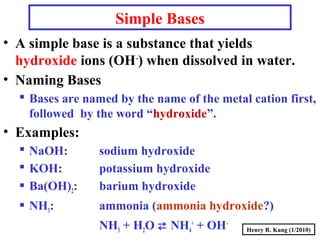 Henry R. Kang (1/2010)
Simple Bases
• A simple base is a substance that yields
hydroxide ions (OH–
) when dissolved in water.
• Naming Bases
 Bases are named by the name of the metal cation first,
followed by the word “hydroxide”.
• Examples:
 NaOH: sodium hydroxide
 KOH: potassium hydroxide
 Ba(OH)2: barium hydroxide
 NH3: ammonia (ammonia hydroxide?)
NH3 + H2O  NH4
+
+ OH–
 
