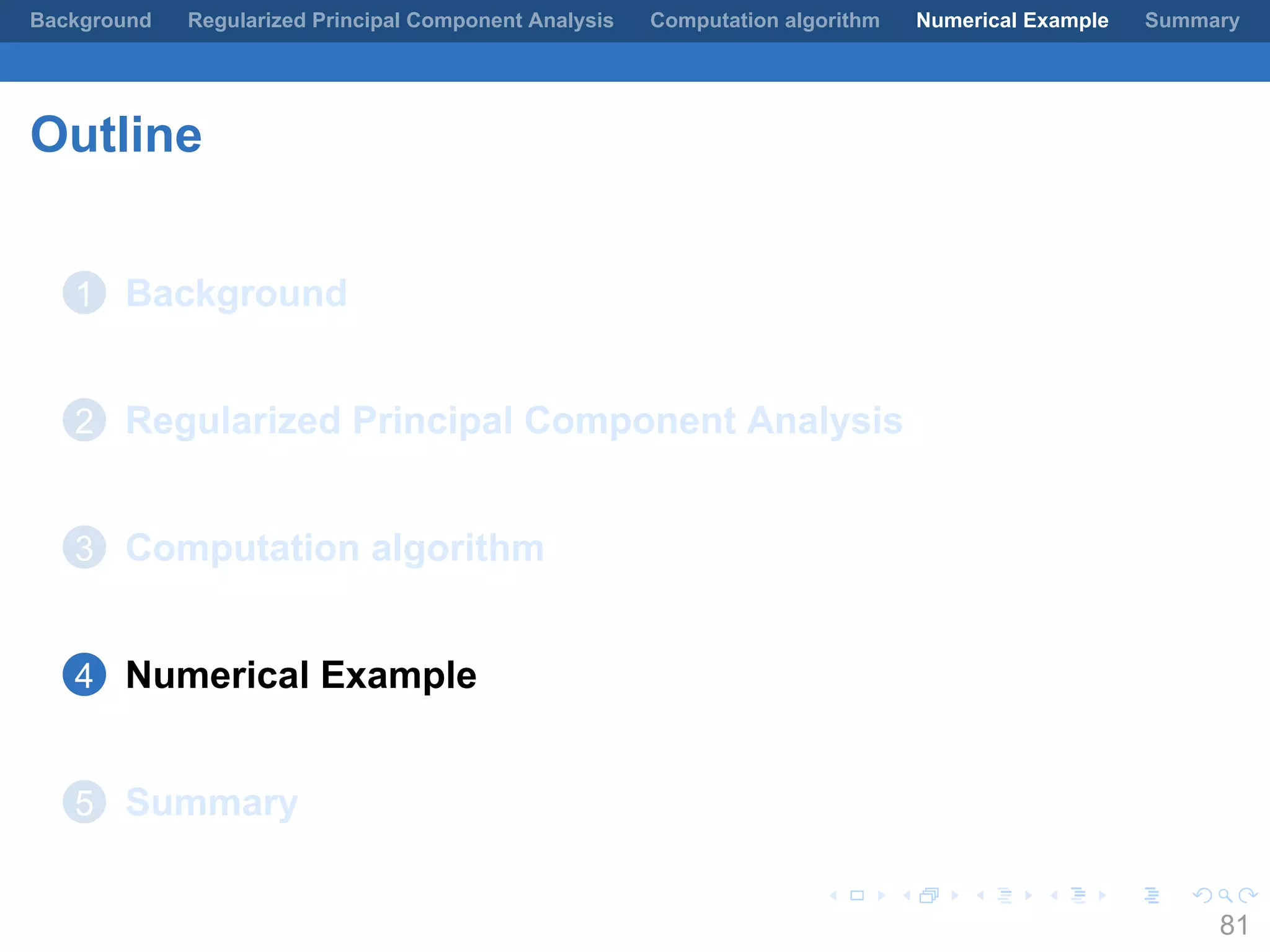 .
.
.
.
.
.
.
.
.
.
.
.
.
.
.
.
.
.
.
.
.
.
.
.
.
.
.
.
.
.
.
.
.
.
.
.
.
.
.
.
Background Regularized Principal Component Analysis Computation algorithm Numerical Example Summary
Outline
1 Background
2 Regularized Principal Component Analysis
3 Computation algorithm
4 Numerical Example
5 Summary
81
 
