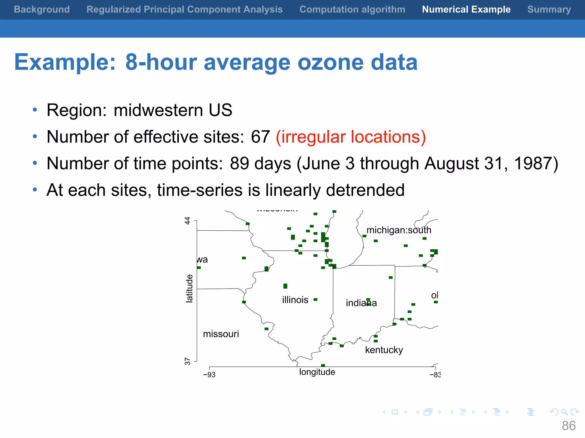 .
.
.
.
.
.
.
.
.
.
.
.
.
.
.
.
.
.
.
.
.
.
.
.
.
.
.
.
.
.
.
.
.
.
.
.
.
.
.
.
Background Regularized Principal Component Analysis Computation algorithm Numerical Example Summary
Example: 8-hour average ozone data
• Region: midwestern US
• Number of effective sites: 67 (irregular locations)
• Number of time points: 89 days (June 3 through August 31, 1987)
• At each sites, time-series is linearly detrended
−93 −83
3744
longitude
latitude
illinois indiana
iowa
kentucky
michigan:south
missouri
ohio
wisconsin
86
 
