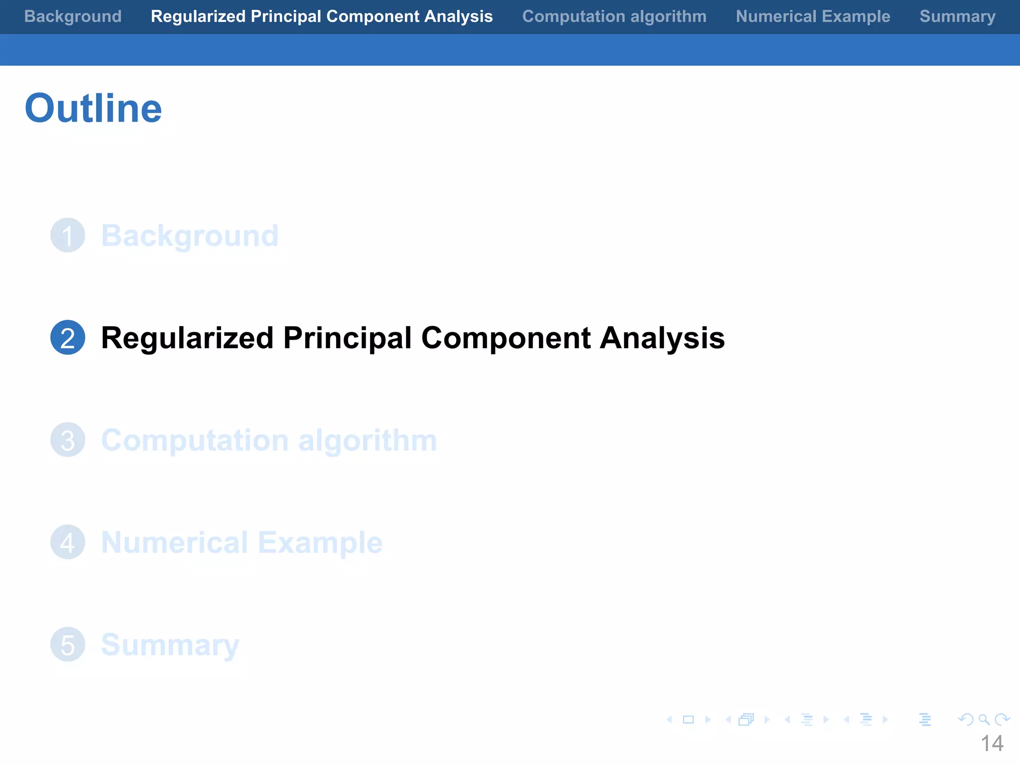 .
.
.
.
.
.
.
.
.
.
.
.
.
.
.
.
.
.
.
.
.
.
.
.
.
.
.
.
.
.
.
.
.
.
.
.
.
.
.
.
Background Regularized Principal Component Analysis Computation algorithm Numerical Example Summary
Outline
1 Background
2 Regularized Principal Component Analysis
3 Computation algorithm
4 Numerical Example
5 Summary
14
 