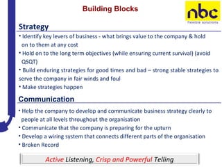 Strategy
• Identify key levers of business - what brings value to the company & hold
on to them at any cost
• Hold on to t...