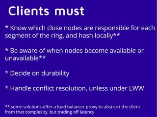 Clients must
* Know which close nodes are responsible for each
segment of the ring, and hash locally**
* Be aware of when nodes become available or
unavailable**
* Decide on durability
* Handle conflict resolution, unless under LWW
** some solutions offer a load balancer proxy to abstract the client
from that complexity, but trading off latency
 