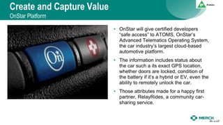 Create and Capture Value
OnStar Platform
• OnStar will give certified developers
“safe access” to ATOMS, OnStar’s
Advanced Telematics Operating System,
the car industry’s largest cloud-based
automotive platform.
• The information includes status about
the car such a its exact GPS location,
whether doors are locked, condition of
the battery if it’s a hybrid or EV, even the
ability to remotely unlock the car.
• Those attributes made for a happy first
partner, RelayRides, a community car-
sharing service.
 