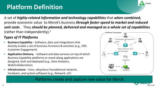 Platform Definition
Types of IT Platforms
• Business Capability – Software, data and integrations that
directly enable a set of business functions & activities (e.g., ERP,
Customer Engagement)
• Application Delivery - Software and data services on top of which
Business Capability platforms or stand-along applications are
designed, built and deployed (e.g., Data Analytics,
Web/Collaboration)
• Infrastructure – Core, ubiquitous foundational network,
hardware, and system software (e.g., Network, UC)
16
PlatformDevelopers
Interface
Developers, Customers /
Users
New Features and
functionality
Platform Ecosystem
A set of highly-related information and technology capabilities that when combined,
provide economic value to Merck’s business through faster speed to market and reduced
unit costs . They should be planned, delivered and managed as a whole set of capabilities
(rather than independently).1
Platforms create and capture new value for Merck
 