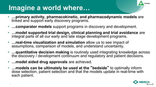 Imagine a world where…
• …primary activity, pharmacokinetic, and pharmacodynamic models are
linked and support early discovery programs.
• …comparator models support programs in discovery and development.
• …model supported trial design, clinical planning and trial avoidance are
integral parts of all our early and late stage development programs.
• …real-time visualization and simulation allow us to see impact of
assumptions, comparison of models, and understand uncertainty.
• …quantitative decision making is routinely used integrating knowledge across
the discovery / development continuum and regulatory and patient decisions.
• …model aided drug approvals are achieved.
• …models can be ultimately be used at the “bedside” to optimally inform
dose selection, patient selection and that the models update in real-time with
each patient.
 