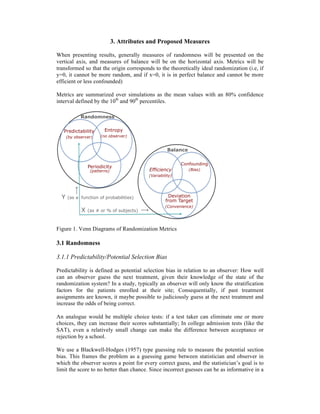 3. Attributes and Proposed Measures
When presenting results, generally measures of randomness will be presented on the
vertical axis, and measures of balance will be on the horizontal axis. Metrics will be
transformed so that the origin corresponds to the theoretically ideal randomization (i.e, if
y=0, it cannot be more random, and if x=0, it is in perfect balance and cannot be more
efficient or less confounded)
Metrics are summarized over simulations as the mean values with an 80% confidence
interval defined by the 10th
and 90th
percentiles.
Figure 1. Venn Diagrams of Randomization Metrics
3.1 Randomness
3.1.1 Predictability/Potential Selection Bias
Predictability is defined as potential selection bias in relation to an observer: How well
can an observer guess the next treatment, given their knowledge of the state of the
randomization system? In a study, typically an observer will only know the stratification
factors for the patients enrolled at their site; Consequentially, if past treatment
assignments are known, it maybe possible to judiciously guess at the next treatment and
increase the odds of being correct.
An analogue would be multiple choice tests: if a test taker can eliminate one or more
choices, they can increase their scores substantially; In college admission tests (like the
SAT), even a relatively small change can make the difference between acceptance or
rejection by a school.
We use a Blackwell-Hodges (1957) type guessing rule to measure the potential section
bias. This frames the problem as a guessing game between statistician and observer in
which the observer scores a point for every correct guess, and the statistician’s goal is to
limit the score to no better than chance. Since incorrect guesses can be as informative in a
Randomness
Predictability
(by observer)
Entropy
(no observer)
Periodicity
(patterns)
⟶
Y (as a function of probabilities)
Balance
Efficiency
(Variability)
Confounding
(Bias)
Deviation
from Target
(Convenience)
X (as # or % of subjects) ⟶
 