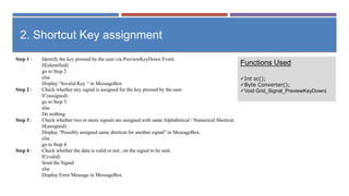 Step 1 : Identify the key pressed by the user via PreviewKeyDown Event.
If(identified)
go to Step 2
else
Display “Invalid Key “ in MessageBox
Step 2 : Check whether any signal is assigned for the key pressed by the user.
If (assigned)
go to Step 3
else
Do nothing
Step 3 : Check whether two or more signals are assigned with same Alphabetical / Numerical Shortcut.
If(assigned)
Display “Possibly assigned same shortcut for another signal” in MessageBox.
else
go to Step 4
Step 4 : Check whether the data is valid or not , on the signal to be sent.
If (valid)
Send the Signal
else
Display Error Message in MessageBox.
2. Shortcut Key assignment
Functions Used
Int sc();
Byte Converter();
Void Grid_Signal_PreviewKeyDown(
 