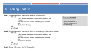 Step 1 : Check for availability of empty row below the current position.
if (found)
Check whether the data in current position is valid or not.
if (valid)
write data in current position in the Empty row available.
else
Display Error Message
else
go to Step 2
Step 2 : Check for availability of empty row above the current position. (Starting from the top)
if (found)
Check whether the data in current position is valid or not.
if (valid)
write data in current position in the Empty row available.
else
Display Error Message
else
go to Step 3
Step 3 : Display “All rows are filled” in MessageBox .
5. Cloning Feature
Functions Used
Bool Checkbelow();
Bool Checkabove();
Void Write();
 