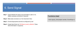Step 1 : Check Whether the data to be transmitted is valid or not.
(Make necessary corrections if required)
Step 2 : Make data conversion (i.e. from decimal to Hex)
Step 3 : Choose Appropriate channel as configured by user
Step 4 : Create Send Event via “XLClass.xl_event_collection” Class
Send information in sequence.
6. Send Signal
Functions Used
Void signal_Click(object sender, EventArgs e)
 