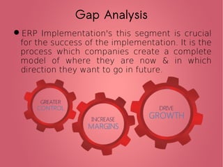 Gap Analysis
ERP Implementation's this segment is crucial
for the success of the implementation. It is the
process which companies create a complete
model of where they are now & in which
direction they want to go in future.
 