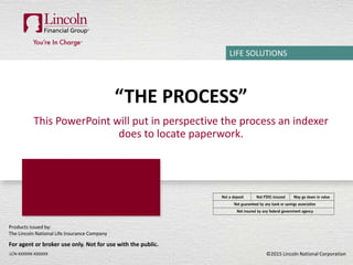 Products issued by:
The Lincoln National Life Insurance Company
LIFE SOLUTIONS
For agent or broker use only. Not for use with the public.
©2015 Lincoln National CorporationLCN-XXXXXX-XXXXXX
“THE PROCESS”
This PowerPoint will put in perspective the process an indexer
does to locate paperwork.
 