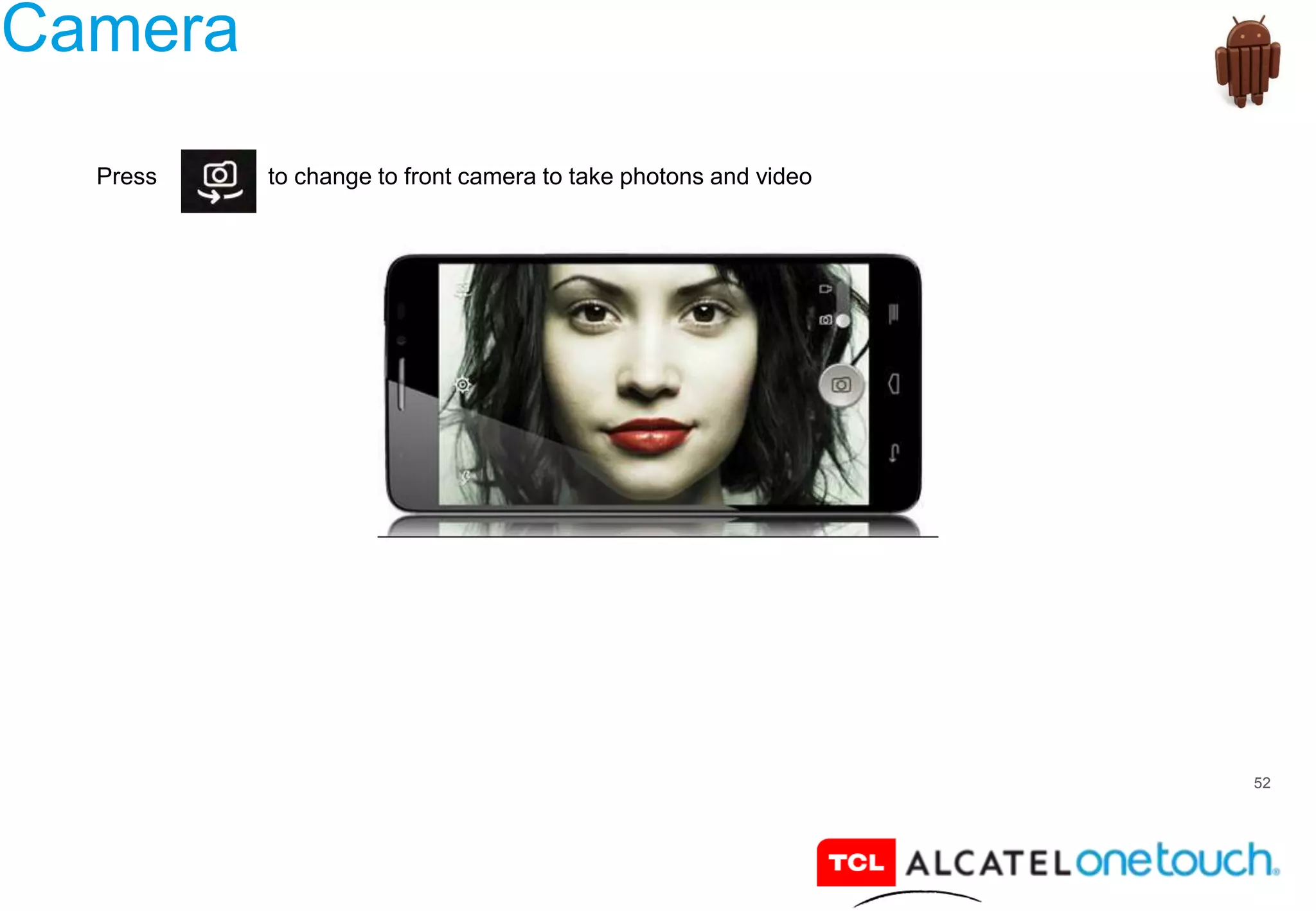 52
Camera
Press to change to front camera to take photons and video
 