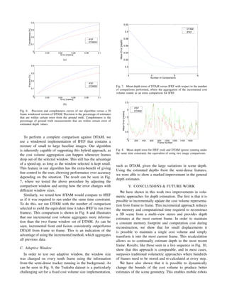 0 0.02 0.04 0.06 0.08 0.1
0
0.1
0.2
0.3
0.4
Error [meters]
Completeness[%]
IFEF
DTAM30
(a)
0 0.02 0.04 0.06 0.08 0.1
0
0.1
0.2
0.3
0.4
Error [meters]
Precision[%]
IFEF
DTAM30
(b)
Fig. 6. Precision and completeness curves of our algorithm versus a 30
frame windowed version of DTAM. Precision is the percentage of estimates
that are within certain error from the ground truth. Completeness is the
percentage of ground truth measurements that are within certain error of
estimated depth values.
To perform a complete comparison against DTAM, we
use a windowed implementation of IFEF that contains a
mixture of small to large baseline images. Our algorithm
is inherently capable of supporting this hybrid approach, as
the cost volume aggregation can happen whenever frames
drop out of the selected window. This still has the advantage
of a speed-up, as long as the window selected is kept small.
This feature in our algorithm has the extra-beneﬁt of giving
ﬁne control to the user, choosing performance over accuracy
depending on the situation. The result can be seen in Fig.
7, where we tested the above procedure by adjusting the
comparison window and seeing how the error changes with
different window sizes.
Similarly, we tested how DTAM would compare to IFEF
as if it was required to run under the same time constraint.
To do this, we ran DTAM with the number of comparison
selected to yield the equivalent time it takes IFEF to run (two
frames). This comparison is shown in Fig. 8 and illustrates
that our incremental cost volume aggregates more informa-
tion than the two frame window set of DTAM. As can be
seen, incremental front end fusion consistently outperforms
DTAM from frame to frame. This is an indication of the
advantage of using the incremental method, which aggregates
all previous data.
C. Adaptive Window
In order to test our adaptive window, the window size
was changed on every tenth frame using the information
from the semi-dense tracker running in the background. As
can be seen in Fig. 9, the Tsukuba dataset is a particularly
challenging set for a ﬁxed cost volume size implementation,
3 4 5 6
0.3
0.32
0.34
0.36
0.38
0.4
0.42
Number of Comparisons
MeanError[depth]
DTAM
IFEF
Fig. 7. Mean depth error of DTAM versus IFEF with respect to the number
of comparisons performed, where the aggregation of the incremental cost
volume counts as an extra comparison for IFEF.
0 200 400 600 800 1000 1200 1400 1600
0
0.5
1
1.5
2
2.5
Frame Number
MeanError[meters]
IFEF
DTAM2
Fig. 8. Mean depth error for IFEF (red) and DTAM (green) running under
the same time constraint; the equivalent of using two image comparisons.
such as DTAM, given the large variations in scene depth.
Using the estimated depths from the semi-dense features,
we were able to show a marked improvement in the general
depth estimates.
V. CONCLUSIONS & FUTURE WORK
We have shown in this work two improvements in volu-
metric approaches for depth estimation. The ﬁrst is that it is
possible to incrementally update the cost volume representa-
tion from frame to frame. This incremental approach reduces
the memory and computational time required to reconstruct
a 3D scene from a multi-view stereo and provides depth
estimates at the most current frame. In order to maintain
a constant memory footprint and computation cost during
reconstruction, we show that for small displacements it
is possible to maintain a single cost volume and simply
transform it into the most current frame. This recalculation
allows us to continually estimate depth in the most recent
frame. Results, like those seen in a live sequence in Fig. 10,
show that this approach is comparable, and in most cases,
surpasses traditional volumetric approaches where hundreds
of frames need to be stored and re-calculated at every step.
We have also shown that it is possible to dynamically
change the bounds of the cost volume to produce better
estimates of the scene geometry. This enables mobile robots
 