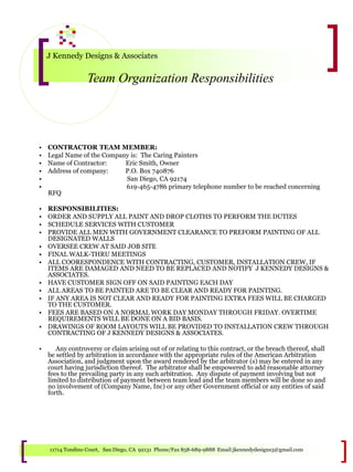 J Kennedy Designs & Associates
Team Organization Responsibilities
11714 Tondino Court, San Diego, CA 92131 Phone/Fax 858-689-9888 Email:jkennedydesigns3@gmail.com
• CONTRACTOR TEAM MEMBER:
• Legal Name of the Company is: The Caring Painters
• Name of Contractor: Eric Smith, Owner
• Address of company: P.O. Box 740876
• San Diego, CA 92174
• 619-465-4786 primary telephone number to be reached concerning
RFQ
• RESPONSIBILITIES:
• ORDER AND SUPPLY ALL PAINT AND DROP CLOTHS TO PERFORM THE DUTIES
• SCHEDULE SERVICES WITH CUSTOMER
• PROVIDE ALL MEN WITH GOVERNMENT CLEARANCE TO PREFORM PAINTING OF ALL
DESIGNATED WALLS
• OVERSEE CREW AT SAID JOB SITE
• FINAL WALK-THRU MEETINGS
• ALL COORESPONDENCE WITH CONTRACTING, CUSTOMER, INSTALLATION CREW, IF
ITEMS ARE DAMAGED AND NEED TO BE REPLACED AND NOTIFY J KENNEDY DESIGNS &
ASSOCIATES.
• HAVE CUSTOMER SIGN OFF ON SAID PAINTING EACH DAY
• ALL AREAS TO BE PAINTED ARE TO BE CLEAR AND READY FOR PAINTING.
• IF ANY AREA IS NOT CLEAR AND READY FOR PAINTING EXTRA FEES WILL BE CHARGED
TO THE CUSTOMER.
• FEES ARE BASED ON A NORMAL WORK DAY MONDAY THROUGH FRIDAY. OVERTIME
REQUIREMENTS WILL BE DONE ON A BID BASIS.
• DRAWINGS OF ROOM LAYOUTS WILL BE PROVIDED TO INSTALLATION CREW THROUGH
CONTRACTING OF J KENNEDY DESIGNS & ASSOCIATES.
• Any controversy or claim arising out of or relating to this contract, or the breach thereof, shall
be settled by arbitration in accordance with the appropriate rules of the American Arbitration
Association, and judgment upon the award rendered by the arbitrator (s) may be entered in any
court having jurisdiction thereof. The arbitrator shall be empowered to add reasonable attorney
fees to the prevailing party in any such arbitration. Any dispute of payment involving but not
limited to distribution of payment between team lead and the team members will be done so and
no involvement of (Company Name, Inc) or any other Government official or any entities of said
forth.
 